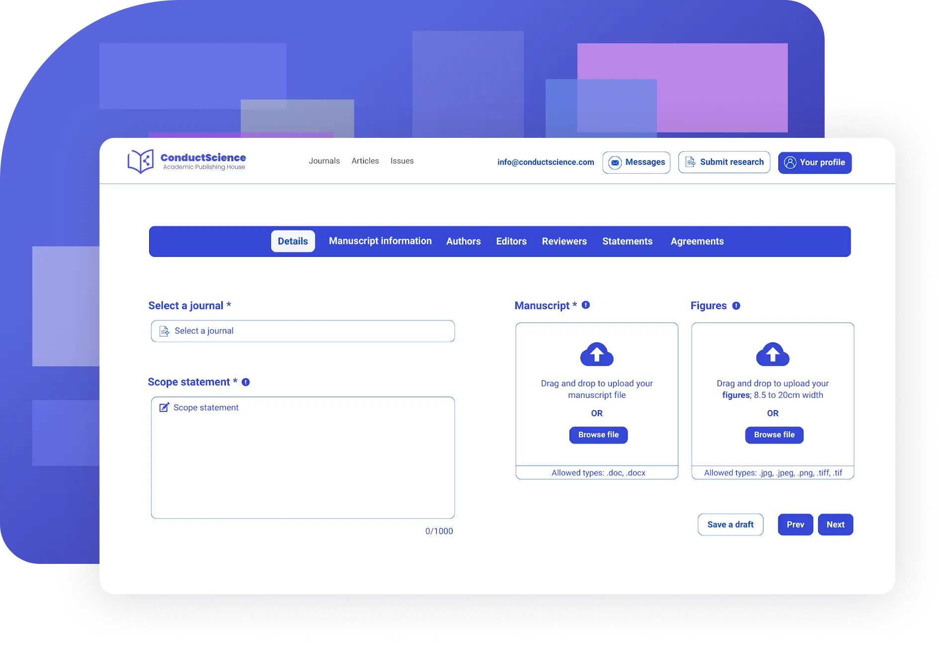 ConductScience Author Submission Wizard with journal selector and manuscript upload.