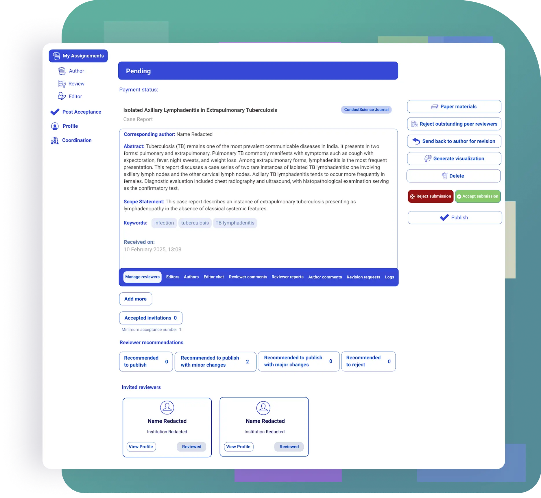 ConductScience Editor Dashboard with manuscript snapshot and reviewer management.