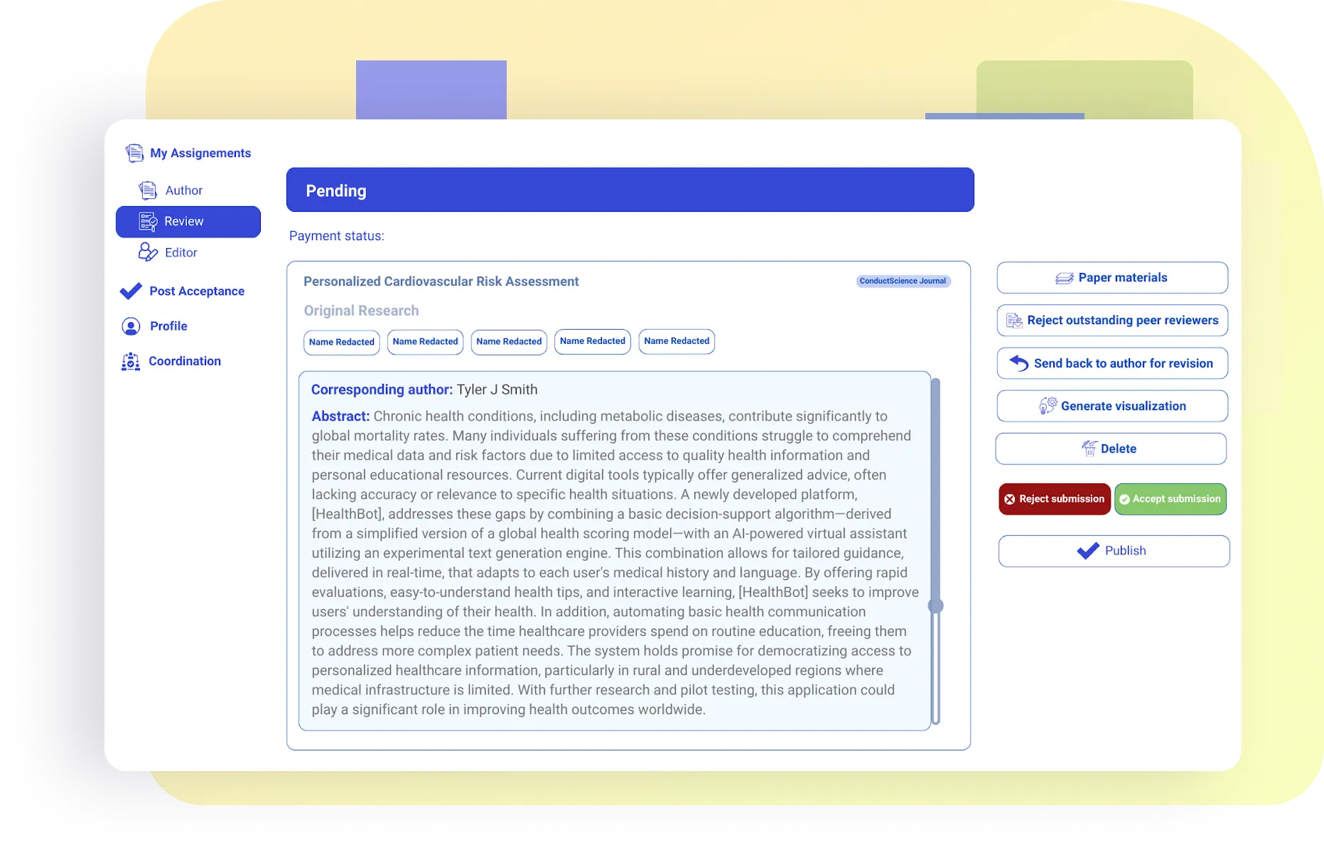 Publishing platform features — Reviewer Report form with evaluation editor, checklist, and quality sliders.
