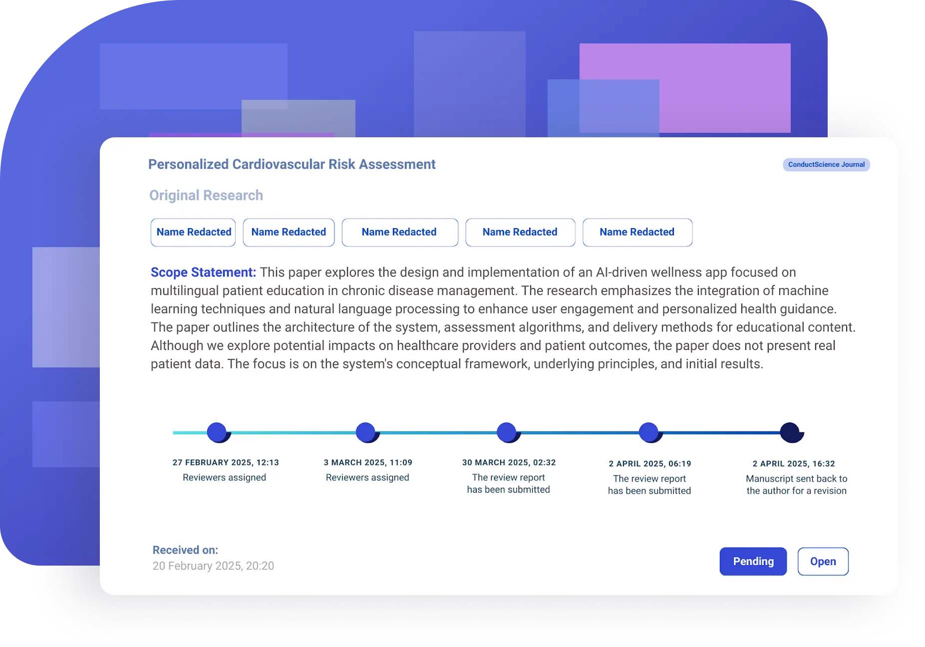 Publishing platform features — Real-time submission timeline with peer review milestones and timestamps.